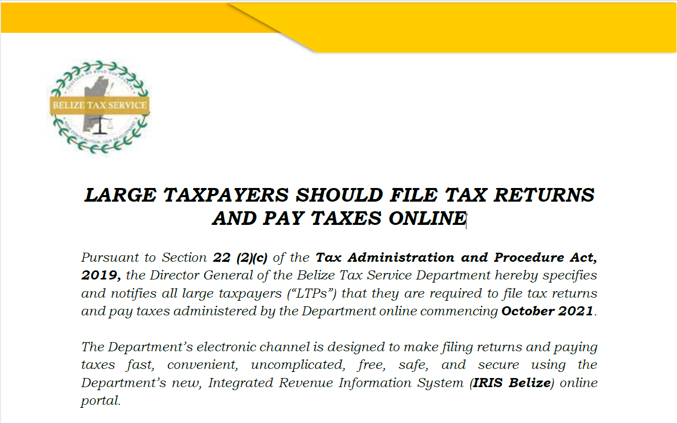 LARGE TAXPAYERS SHOULD FILE TAX RETURNS AND PAY TAXES ONLINE Belize