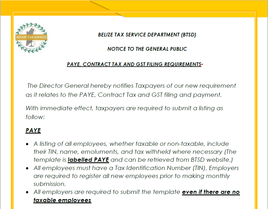 PAYE, CONTRACT TAX AND GST FILING REQUIREMENTS Belize Tax Services